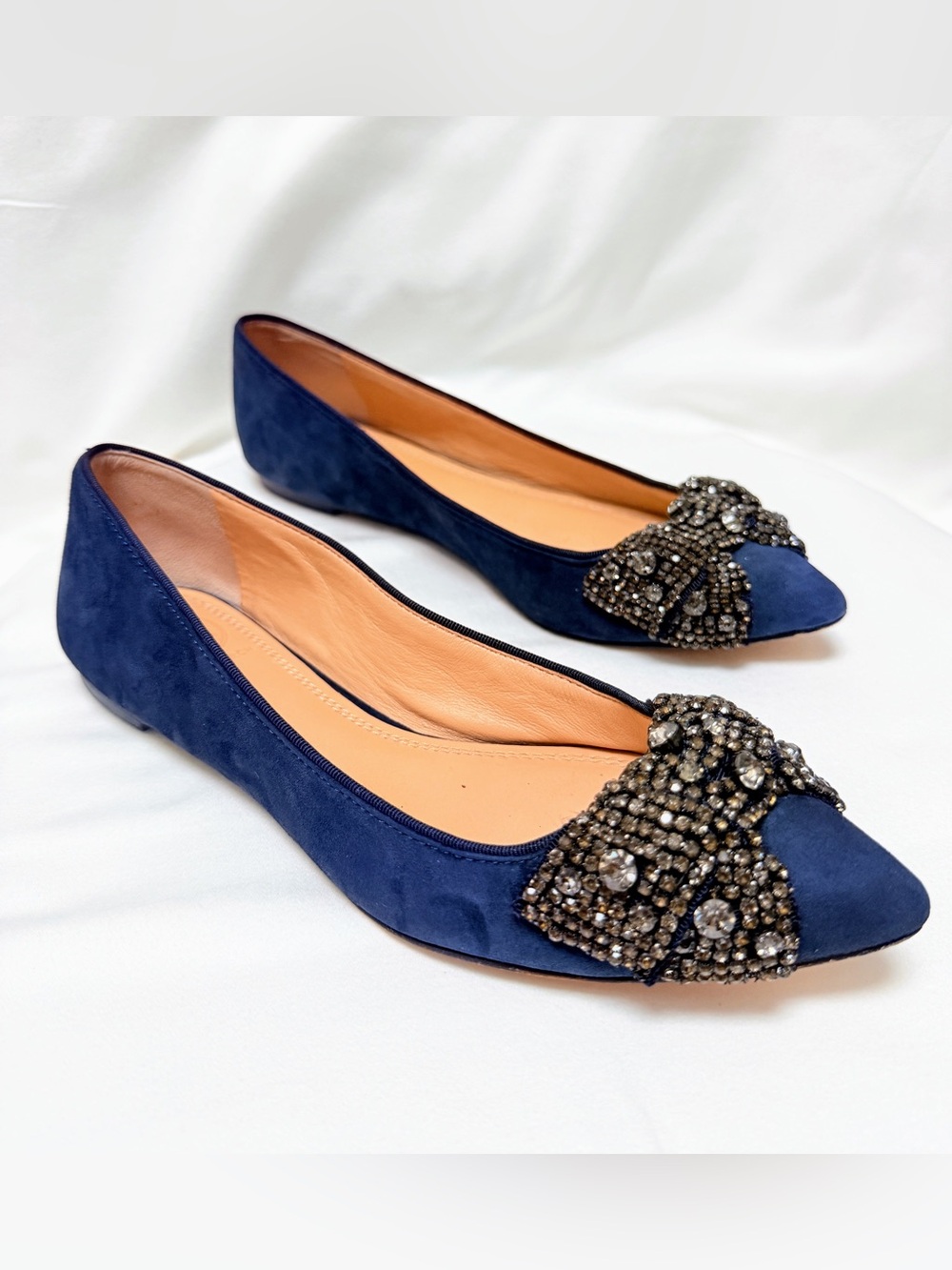 Tory Burch Navy Suede Embellished Bow Ballet Flats Pointed Toe 5.5M